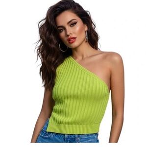 *NWT Zara Ribbed Knit One Shoulder Asymmetrical Hem Crop Top Neon Green S